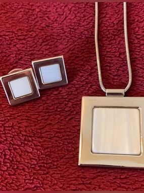 Chrome Necklace/ Matching Earrings Set with Faux Mother of Pearl